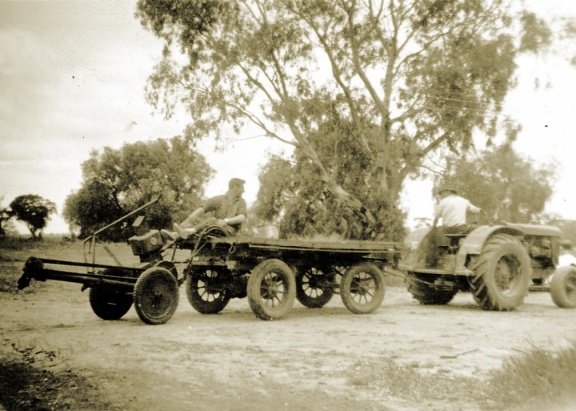 Oliver Tractor ( Bought by Bob McKearnan) & trailer with T. Model Ford tyres on it and Saw Bench , Kialla East B.