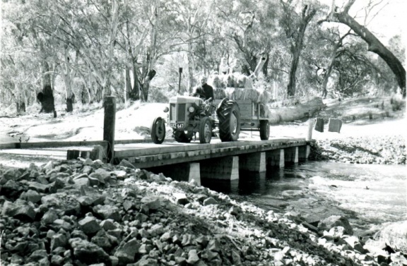 Taking a load of hay across Harris Bridge, Broken River Upotipotpon. 1960s